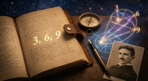 A mystical desktop scene featuring an antique journal with glowing numbers, sacred geometry, and a vintage photograph of Nikola Tesla, illustrating the cosmic origins of the 369 Manifestation Method.