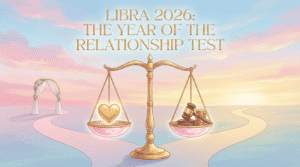 A conceptual illustration for the Libra 2026 Horoscope, featuring golden scales balancing a glowing heart against money and a gavel, with paths diverging towards a wedding arch or an open road, symbolizing the year's major relationship and life decisions.