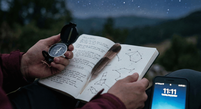 An open journal and fountain pen resting on a wooden desk next to a window, illustrating the mindful practice of journaling to track synchronicities and recognize signs from the universe.