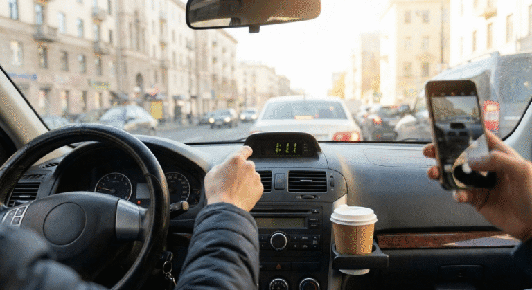 A person inside a car pointing at the dashboard clock displaying 1:11, a common real-life example of seeing Angel Number 111.