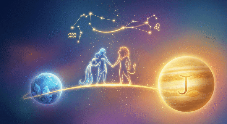 Astrological art representing the Aquarius 2026 Horoscope themes of love and transformation, with Jupiter and Uranus planetary symbols.