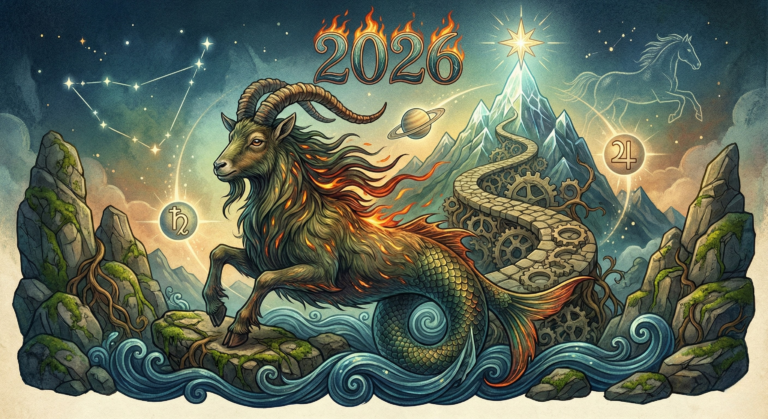 A mystical illustration for the Capricorn 2026 horoscope, featuring a Sea-Goat climbing a mountain path made of clockwork gears. The scene includes the year '2026' glowing in the sky, alongside the Capricorn constellation, symbols for Saturn and Jupiter, and a faint outline of a horse in the stars.