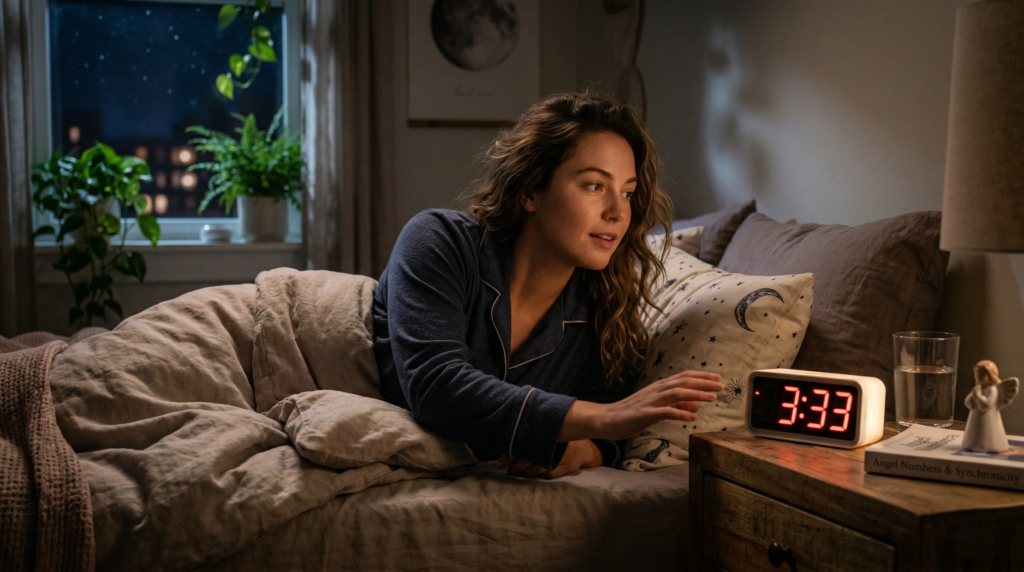 A young woman in pajamas looks with surprise and wonder at her bedside digital alarm clock which displays the time '3:33' AM. The scene is a cozy, nighttime bedroom with a bedside lamp, a glass of water, and an angel figure on the nightstand, with a window showing a starry night. This is a perfect image for a blog post on the angel number 333.