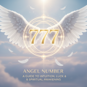 Graphic explaining the meaning of angel number 777 for a spiritual guide blog post.
