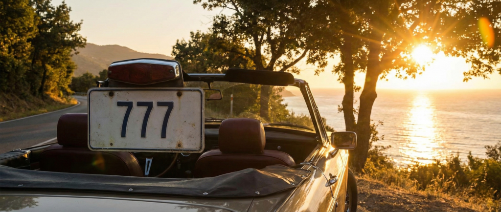A vintage convertible parked on a scenic coastal road at sunset featuring a license plate that reads 777, illustrating the angel number 777 meaning of being on the right life path.