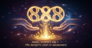 "Glowing golden infinity loops forming Angel Number 888 against a dark green background, representing infinite financial abundance