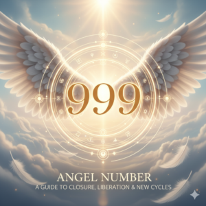 A spiritual featured image with glowing golden text reading 'Angel Number 999' surrounded by clouds and light.