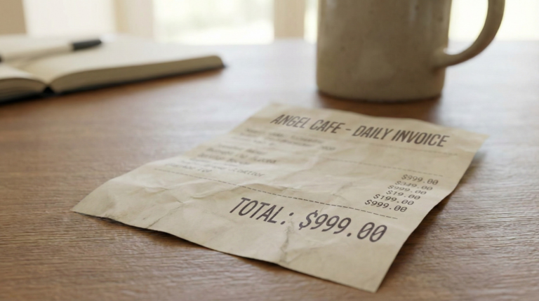A realistic close-up of a paper receipt resting on a wooden table, clearly displaying a total amount of $999.00. A blurred coffee mug and notebook sit in the background, illustrating the concept of spotting angel number 999 in everyday finances.