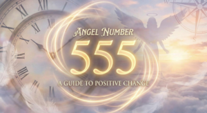 Dreamy featured image displaying angel number 555 in glowing gold text against a backdrop of clouds, a clock, and angel wings.