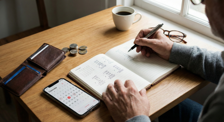 A close-up photograph of a person planning financial goals and calculations in a notebook alongside a smartphone calendar and a wallet, visualizing the practical application of how to make money using numerology.