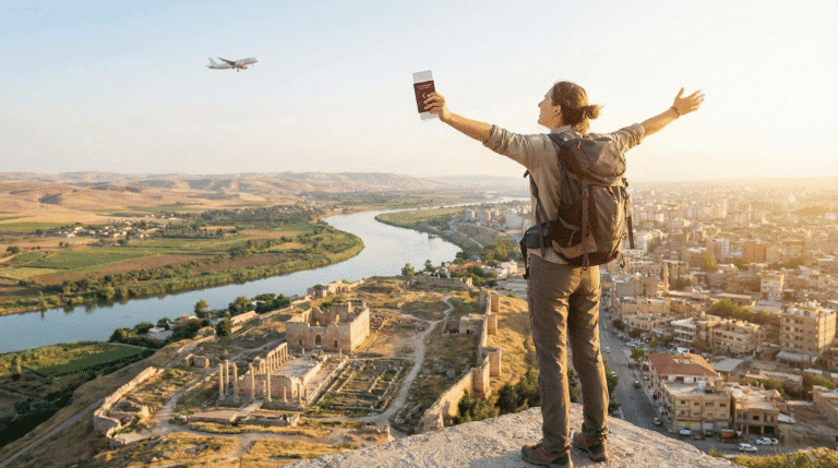 A realistic photo of a joyful traveler with arms outstretched holding a passport on a cliff overlooking ancient ruins and a city, with an airplane in the sky, illustrating the themes of freedom and international adventure predicted in the Sagittarius 2026 Horoscope.