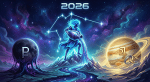 Futuristic cosmic illustration for the Aquarius 2026 Horoscope featuring the Water Bearer, the planet Pluto entering Aquarius, and the text 2026