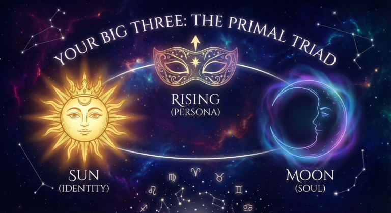 A cosmic diagram illustrating the Big Three In Astrology, showing the Sun (Identity), Moon (Soul), and Rising (Persona) signs as the Primal Triad.