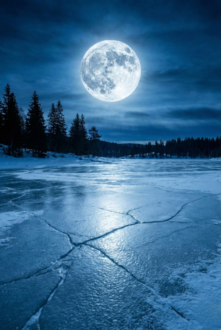 Cold blue full moon shining over a cracked, frozen icy lake.