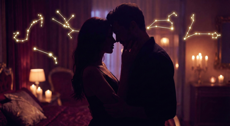 A silhouetted couple in an intimate embrace surrounded by glowing zodiac constellations, illustrating the allure of the Most Sexually Magnetic Zodiac Signs.