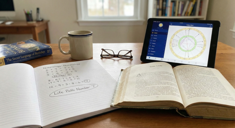 A realistic close-up of a person analyzing a numerology chart and calendar on a desk to decode their personal Date of Birth Meaning for career guidance.
