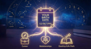 A mystical illustration blending a glowing calendar, zodiac wheel, and numerology numbers to represent the spiritual Date of Birth Meaning and destiny.