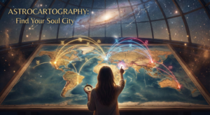 A woman holding a compass points at a glowing world map filled with planetary lines in a cosmic observatory, illustrating how to use astrocartography to find your soul city.