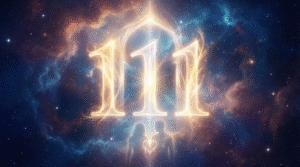 Glowing Angel Number 111 symbol in a cosmic blue and gold galaxy, with a silhouette couple holding a heart, representing spiritual awakening and twin flame connection.