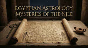 A mystical illustration featuring ancient deities like Thoth and Isis surrounding a zodiac wheel, representing the 12 signs of Egyptian Astrology.