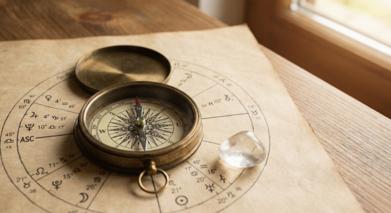 A vintage compass pointing to the Ascendant on a parchment birth chart, highlighting the Rising Sign as the soul's compass in esoteric astrology.