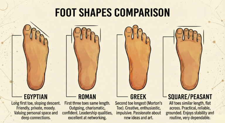 Diagram comparing the Egyptian, Roman, Greek, and Square foot types with a natural skin tone, illustrating the spiritual meaning of foot shape and associated personality traits.