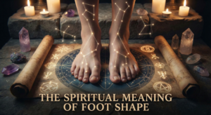 Mystical feet with glowing constellation lines resting on an ancient solestry scroll surrounded by crystals, illustrating the spiritual meaning of foot shape.
