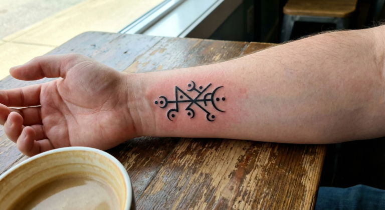 A close-up photograph of a fresh black ink sigil tattoo on a person's inner wrist next to a coffee cup, showing a permanent application of the symbol after learning how to make a sigil.