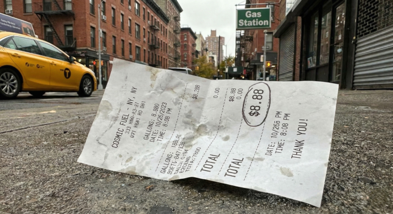 Gas station receipt showing angel number 888 total bill, symbolizing financial abundance and prosperity.