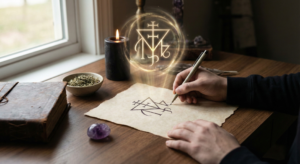A realistic photo illustrating the process of how to make a sigil, showing hands drawing a unique magical symbol on aged parchment with a glowing, charged sigil projection floating above it amidst occult tools like a candle and crystals.