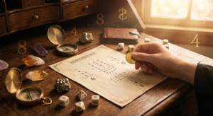 A conceptual photograph featuring a hand placing a gold coin on an ancient numerology chart surrounded by wealth crystals, a wallet, and floating financial symbols, representing how to make money using numerology principles.