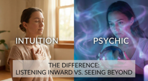 Featured image with the title text Intuition vs Psychic, illustrating the visual difference between inner gut feeling and external spiritual sight.