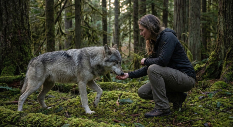 A realistic photograph of a woman kneeling in a mossy forest, calmly extending her hand to a grey wolf, symbolizing the deep connection with one's Spirit Animal by Birth Date.