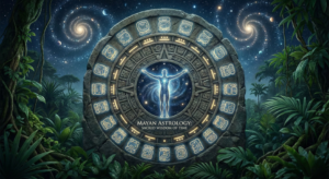 A mystical stone calendar wheel set in a jungle environment symbolizing the cosmic depth of Mayan Astrology and the Tzolkin.