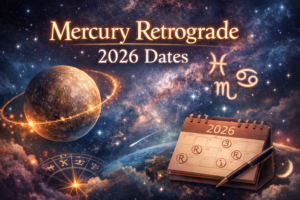 Mercury retrograde 2026 dates illustrated with planet Mercury, astrology symbols, and a 2026 calendar in a cosmic space background