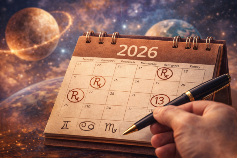 Mercury retrograde 2026 dates marked on a realistic 2026 calendar with planet Mercury and astrological symbols in the background