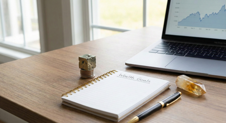 A realistic workspace featuring a heavy Pyrite cube acting as a paperweight, illustrating how to use Money Crystals on a desk for business success and focus.