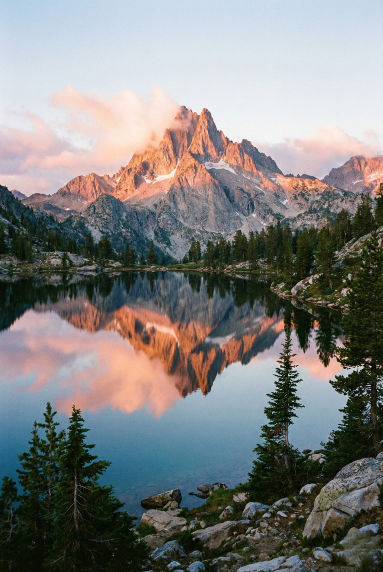 Golden hour sunrise illuminating a jagged mountain peak reflected in a calm lake.