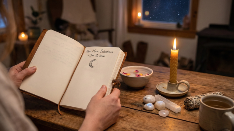 A cozy scene showing a person holding an open journal with "New Moon Intentions - Jan 18, 2026" written inside, surrounded by a lit candle and crystals, illustrating how to apply dates from the Lunar Calendar 2026 for personal rituals.