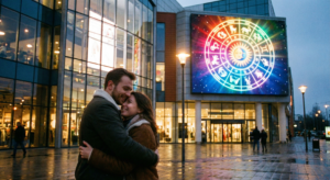 Romantic couple hugging affectionately outside a shopping mall at twilight with a glowing horoscope billboard representing perfect zodiac couples.