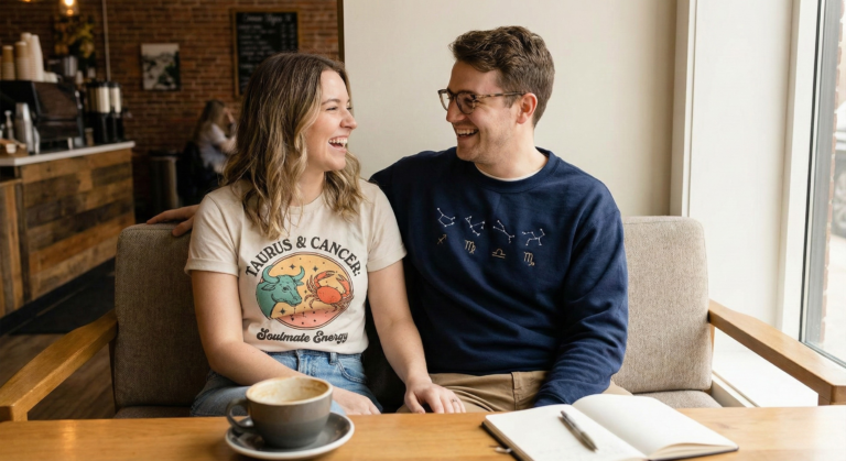 A happy couple wearing matching zodiac-themed outfits, smiling and embracing to symbolize the real-life harmony of perfect zodiac couples.