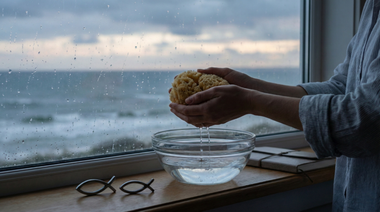 Hands gently squeezing a sponge into a bowl of water by a rainy window, with two metal fish symbols nearby, visualizing the absorbent nature of empathetic Pisces traits.