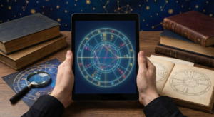 A close-up view of a person holding a vintage printed birth chart and pointing at planetary positions with a pencil, studying handwritten notes to understand how to read your natal chart step-by-step.