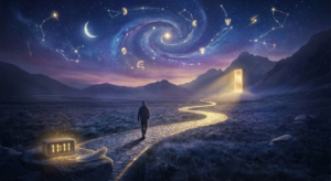 A surreal, artistic illustration of a glowing path leading through a starry night sky, symbolizing spiritual guidance and signs from the universe lighting the way forward.