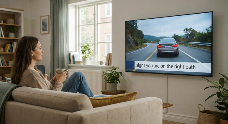 A woman sitting on a sofa watching a television screen that displays a car with the angel number 2222 license plate, illustrating one of the clear signs you are on the right path.