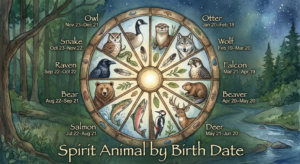 A watercolor illustration of a Native American Medicine Wheel chart showing twelve animals and their corresponding date ranges, serving as a guide to find your Spirit Animal by Birth Date.