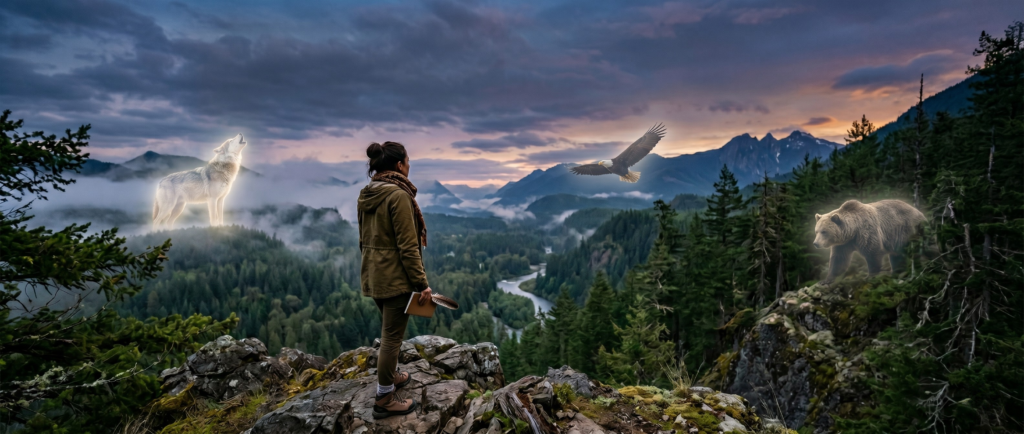 A person standing on a rocky mountain peak overlooking a misty valley, surrounded by glowing, ethereal representations of a wolf, eagle, and bear to illustrate spirit animal meaning.