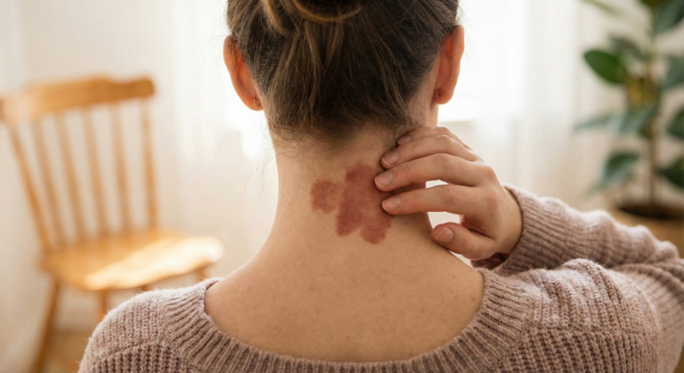 A close-up of a person examining a unique birthmark on their skin near a spiritual journal and crystals, decoding the spiritual meaning of birthmarks based on shape and placement.