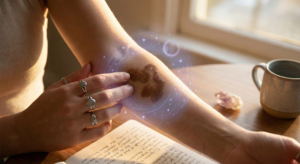 A realistic photo of a woman looking at a birthmark on her arm with a subtle cosmic glow, illustrating the spiritual meaning of birthmarks and their connection to past lives.