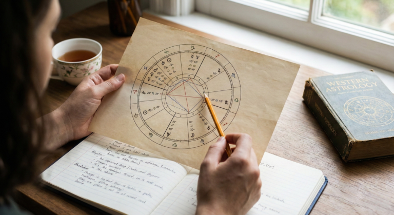 A close-up view of a person holding a vintage printed birth chart and pointing at planetary positions with a pencil, studying handwritten notes to understand how to read a birth chart step-by-step.